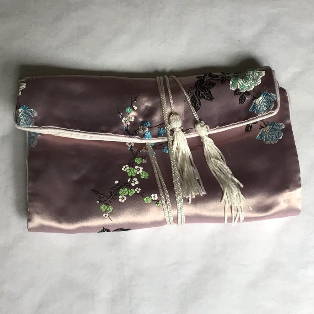 Vintage Pink Satin Jewelry Roll with Bonsai Tree and Rose Design